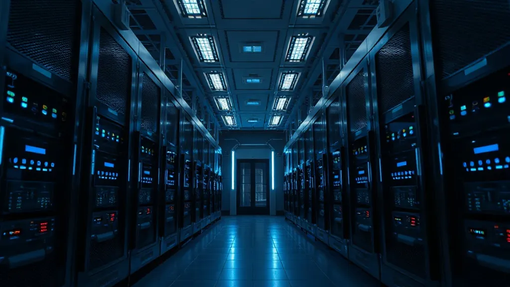 High-tech server room with clean lines, dark atmosphere, blu