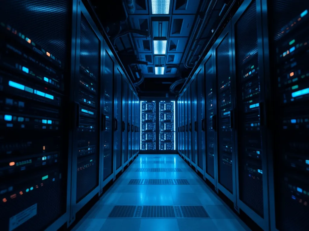 High-tech server room with glowing blue and white lights, ma